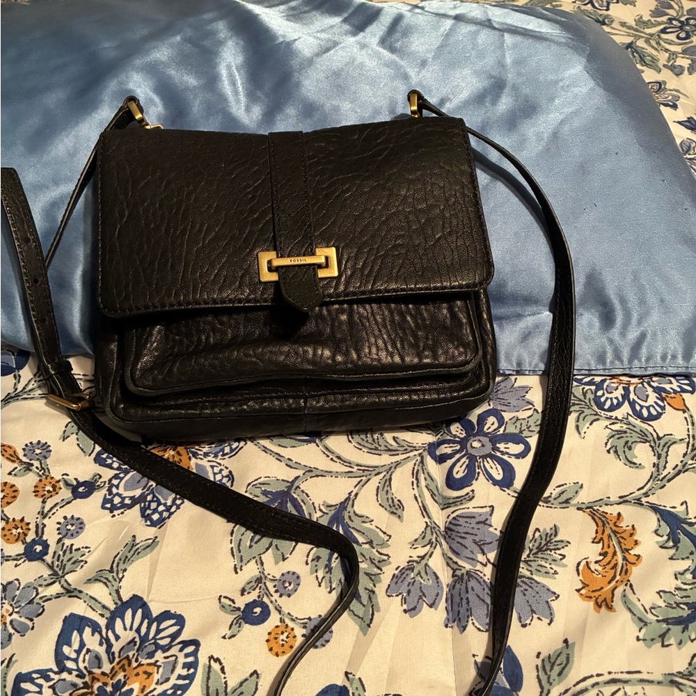Fossil Black Leather Crossbody with Gold Accent Hardware
